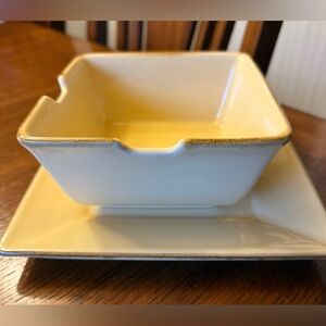Pottery Barn Asian Square 6” Soup/Noodle Bowl w/ 8” Salad Plate Pale Yellow New